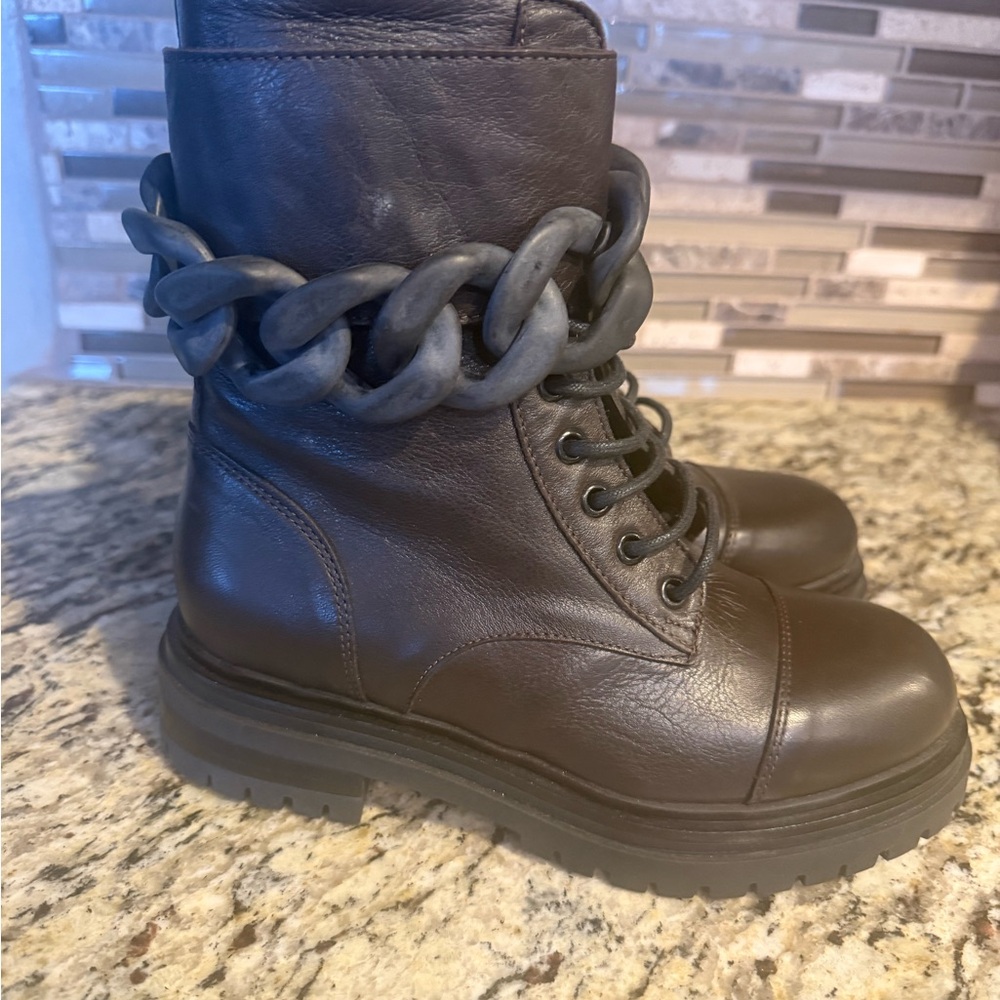 Beautiisoles Brown Nappa Leather ZOEY Combat Boots with Chain Detail